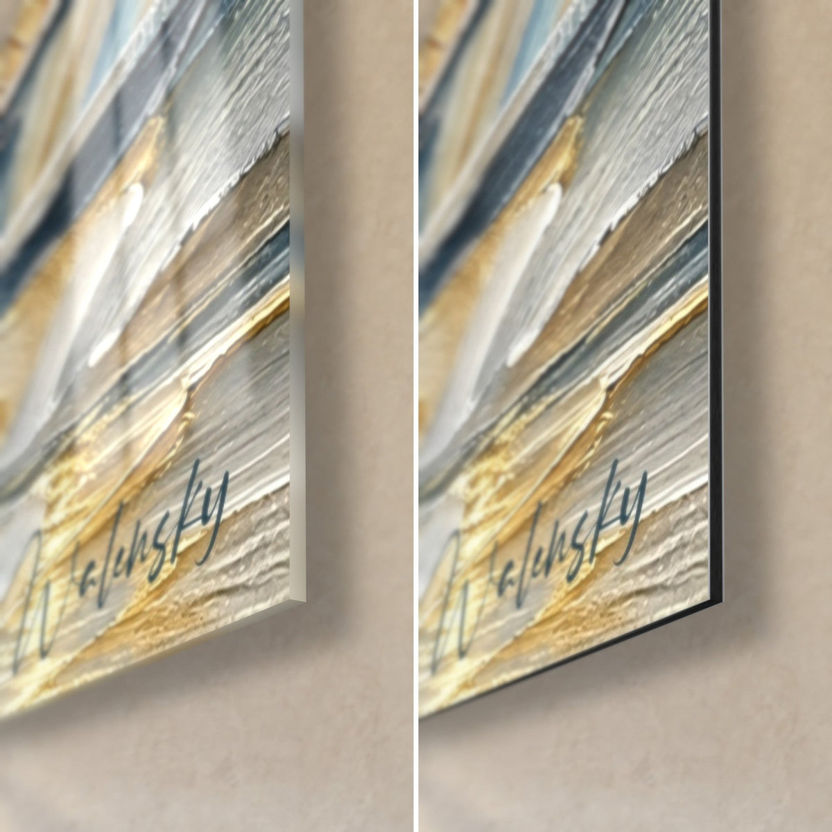 Gemälde der goldenen Basilika in dickem Pastell, untere rechte Ecke: glänzendes Acrylglas links, mattes Dibond-Aluminium rechts, 3 mm Kante