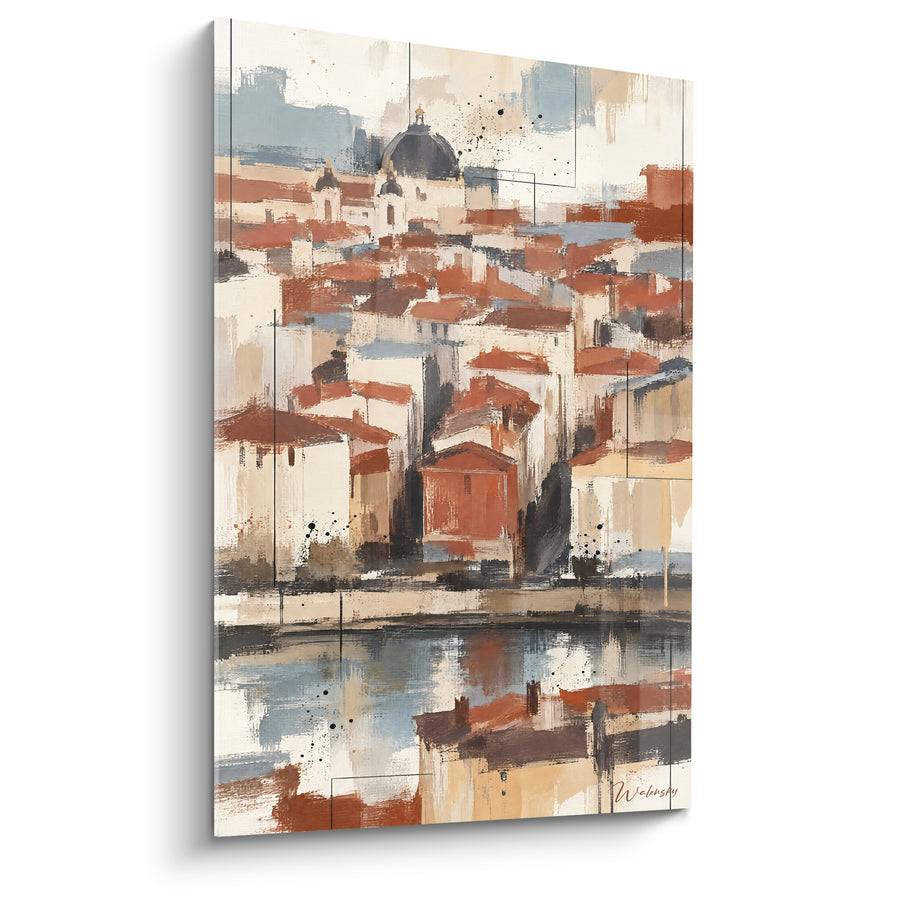 Tableau Cité fluviale aux toits terracotta et bleutés - Reflets d'une vieille cité - Edition Lyon  Auvergne-Rhône-Alpes  France