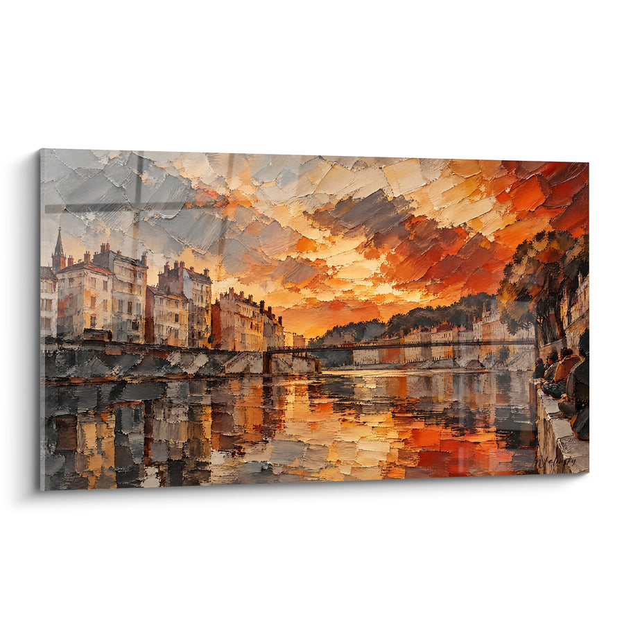 Painting Lyon quayside at sunset orange grey - Twilight over the docks - Edition Lyon Auvergne-Rhône-Alpes France