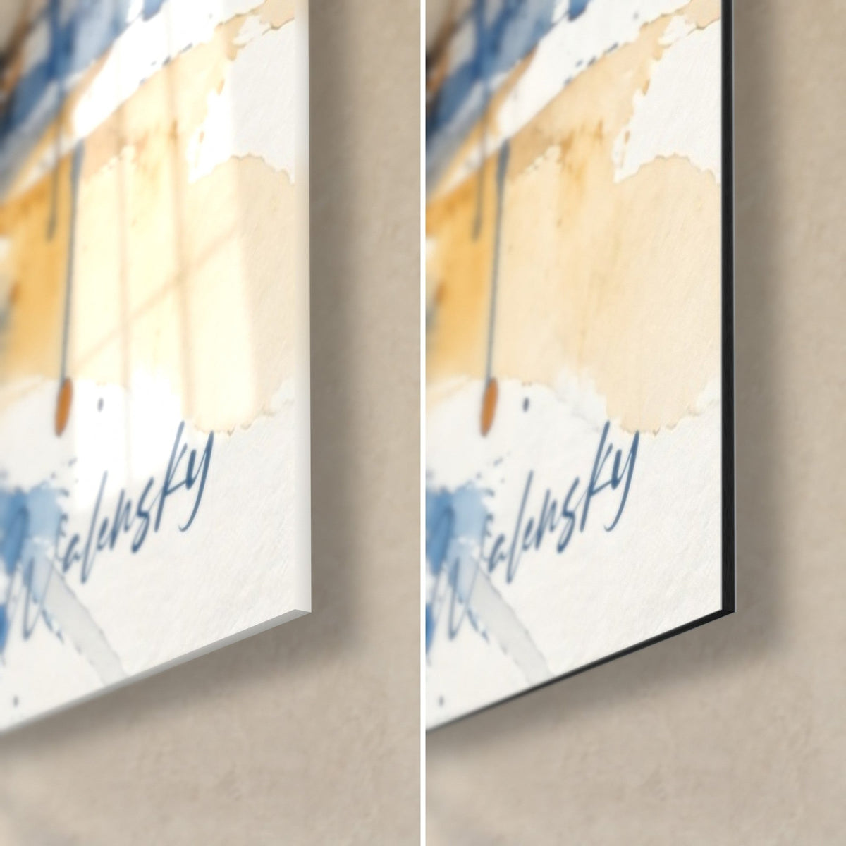 Wall art of a watercolour alleyway, bottom right corner: blue signature on cream background, glossy glass and matt black Dibond, 3 mm edge