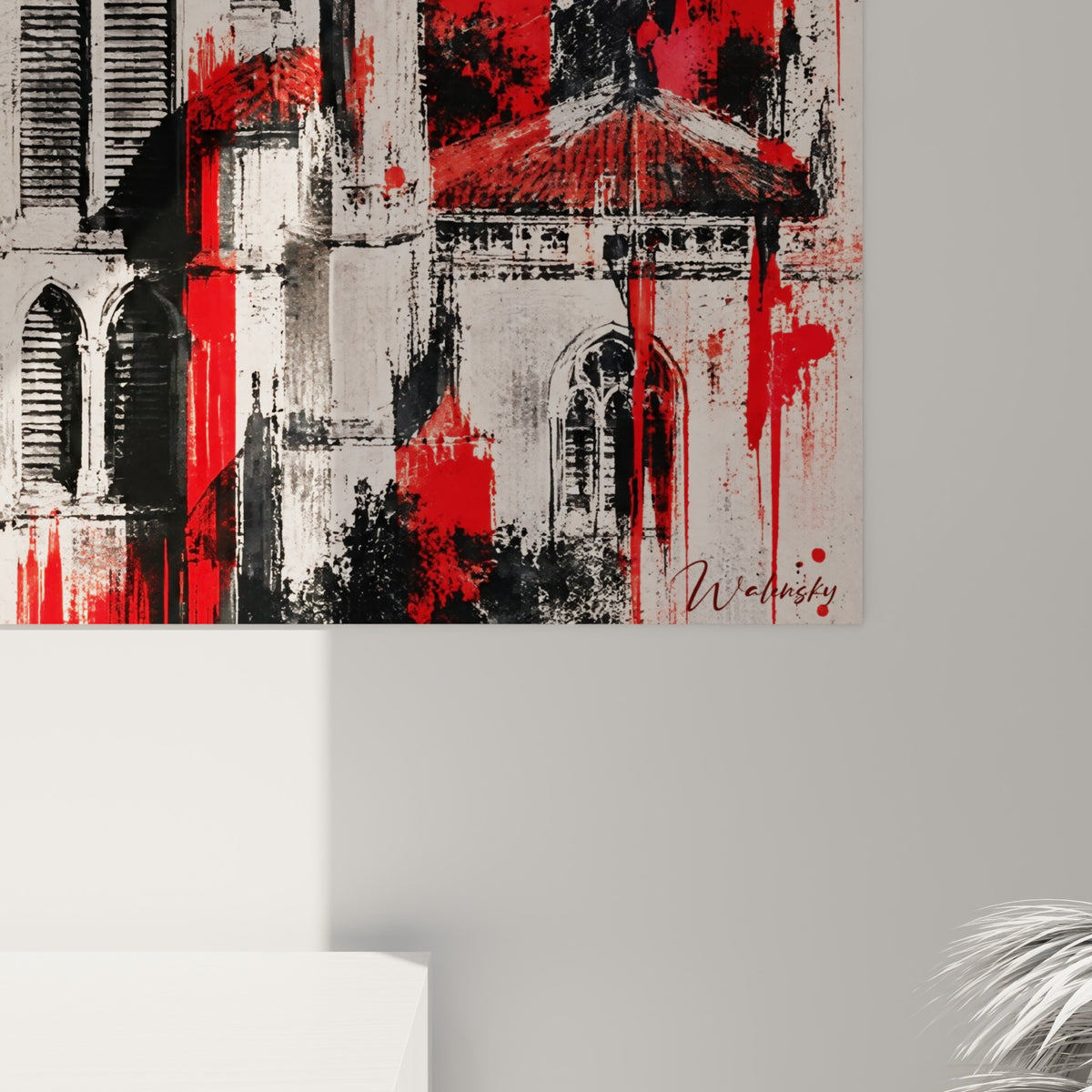 Coulures de peinture rouge écarlate ruisselant sur la pierre blanche, grain épais et traits noirs marqués