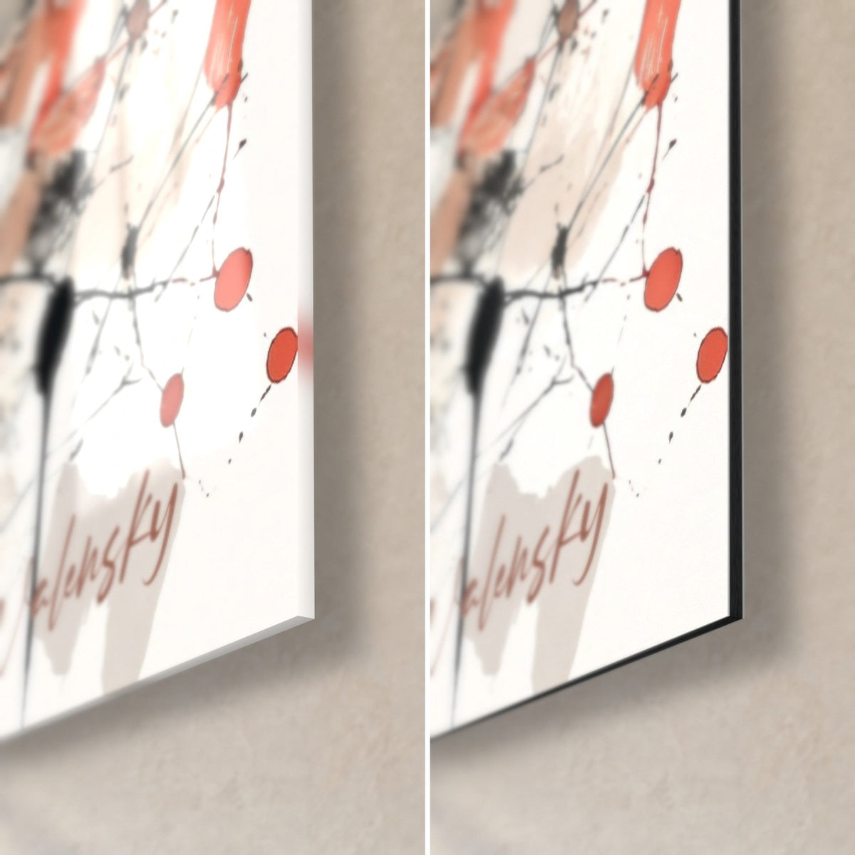 Wall art panoramic view of Lyon with orange rooftops and black ink, bottom right, glossy glass on the left, matte Dibond on the right
