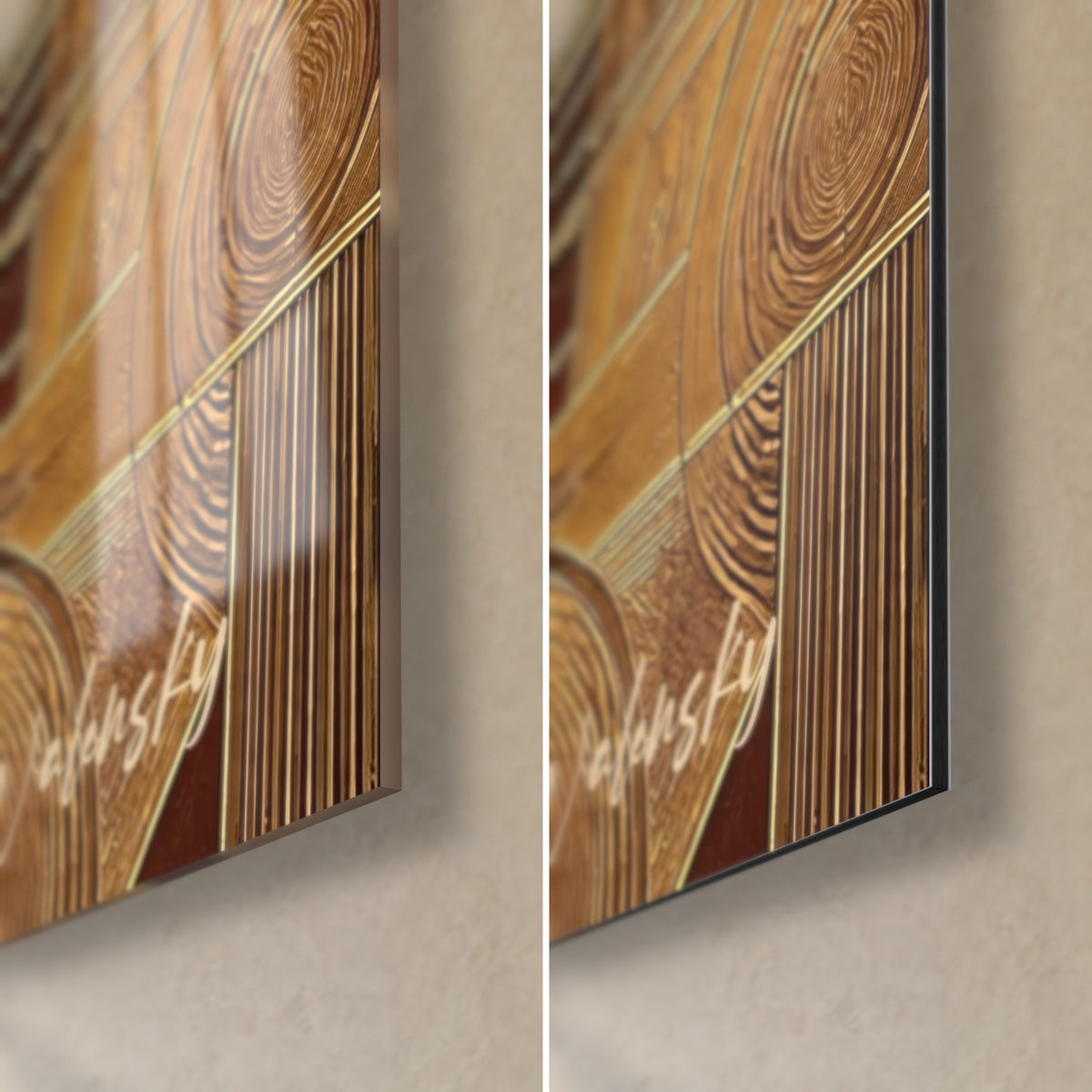 Schilderij gouden voetbrug op okerkleurige kade, rechtsonder, glanzend glas links, mat Dibond-aluminium rechts, rand van 3 mm zichtbaar