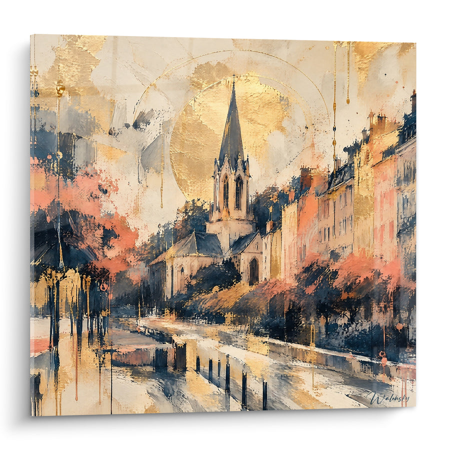 Painting of Lyon Church with Golden and Coral Tones - Twilight Glow - Lyon Edition Auvergne-Rhône-Alpes France