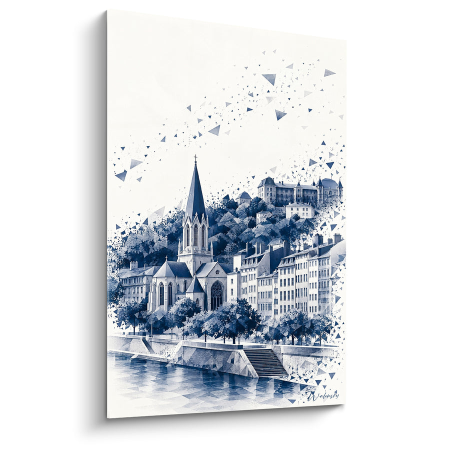 Tableau Église gothique bleu marine et blanc au bord d'un fleuve - Fragments d'une rive - Edition Lyon  Auvergne-Rhône-Alpes  France
