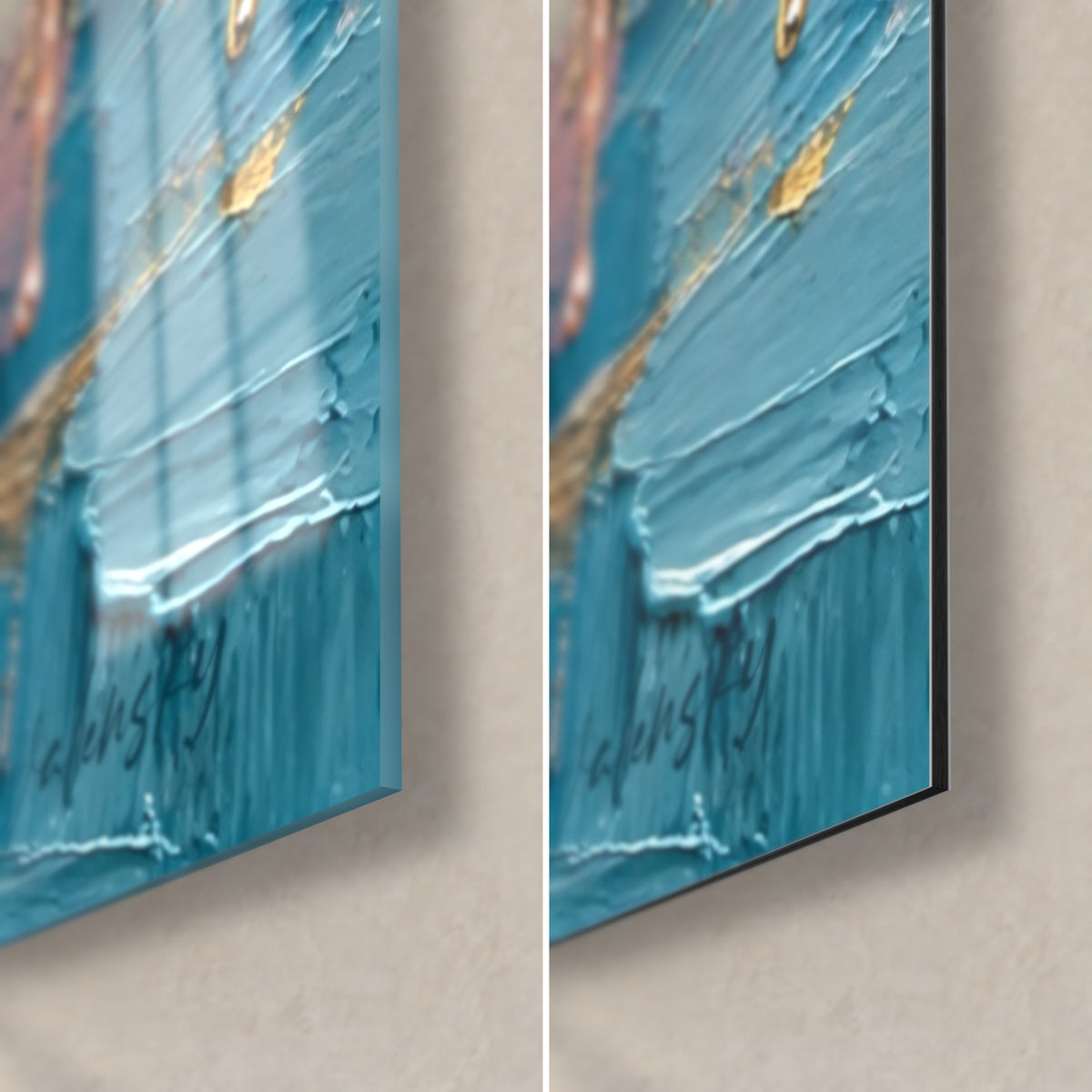 Cuadro ciudad junto al agua, esquina inferior derecha: empastes azul turquesa y toques de oro, cristal brillante y Dibond mate, grosor de 3 mm