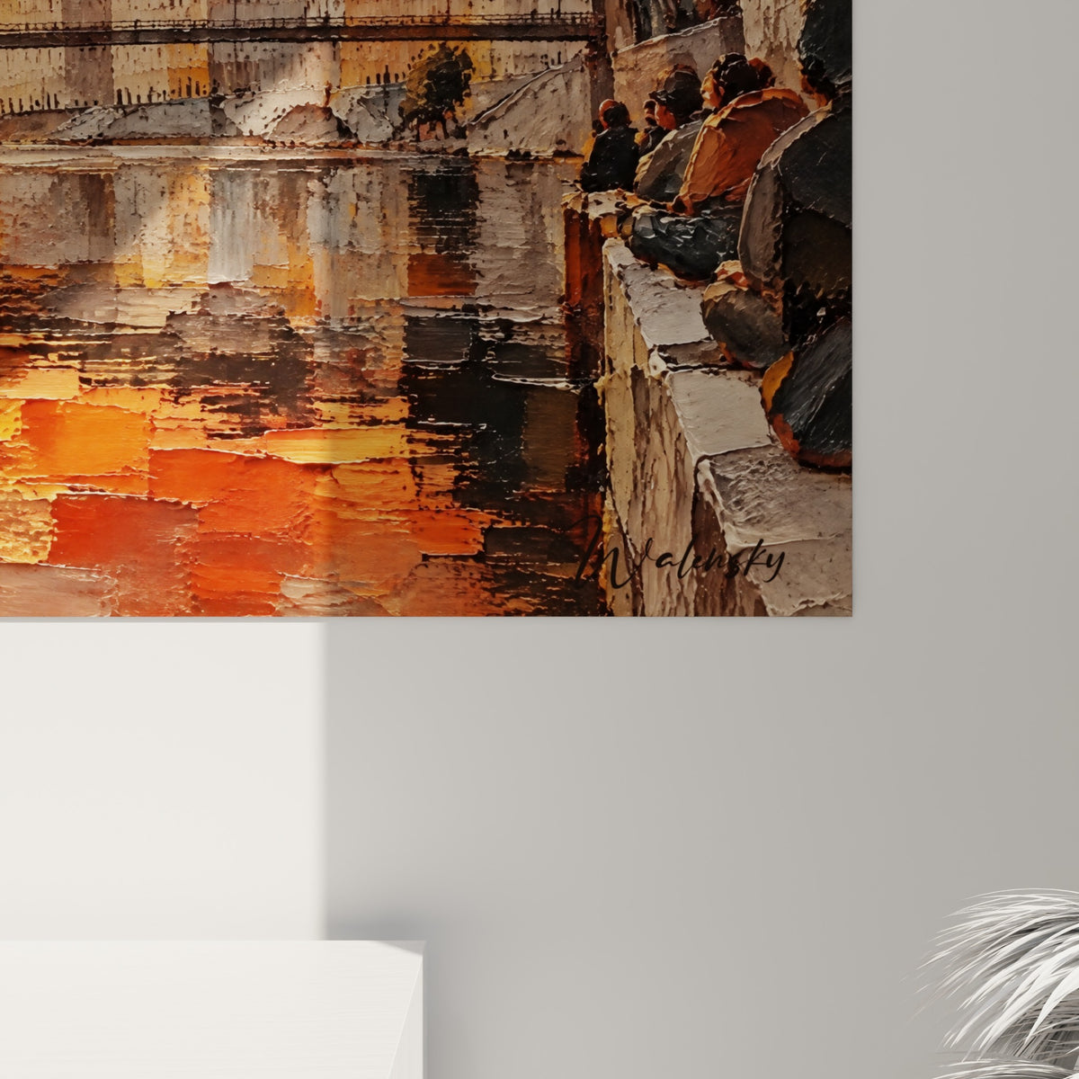Empâtements épais mêlant orange, rouge et gris sur les reflets de la Saône, matière picturale visible de près