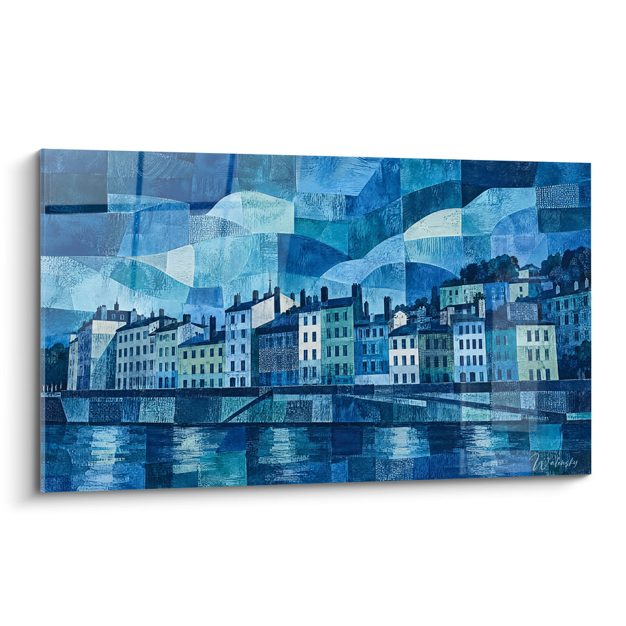 Painting Lyon Docks Navy Blue and Sage Green - River Silence - Edition Lyon Auvergne-Rhône-Alpes France
