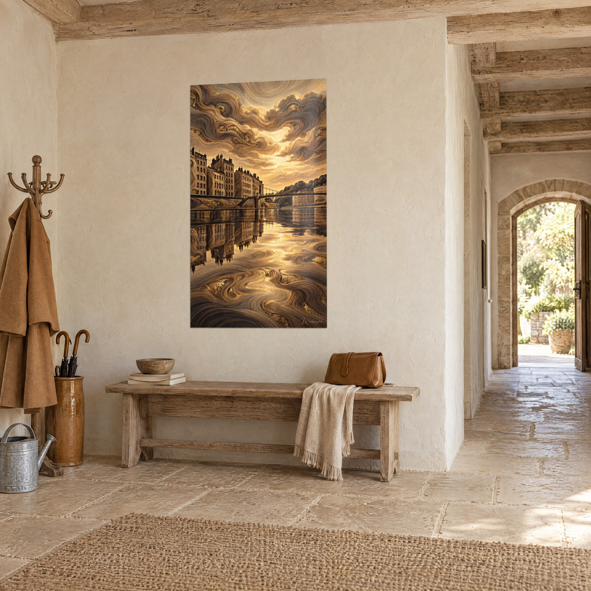 Quadro facciate haussmanniane color oro brunito, cielo a volute crema e marrone, passerella sospesa, in un corridoio in pietra