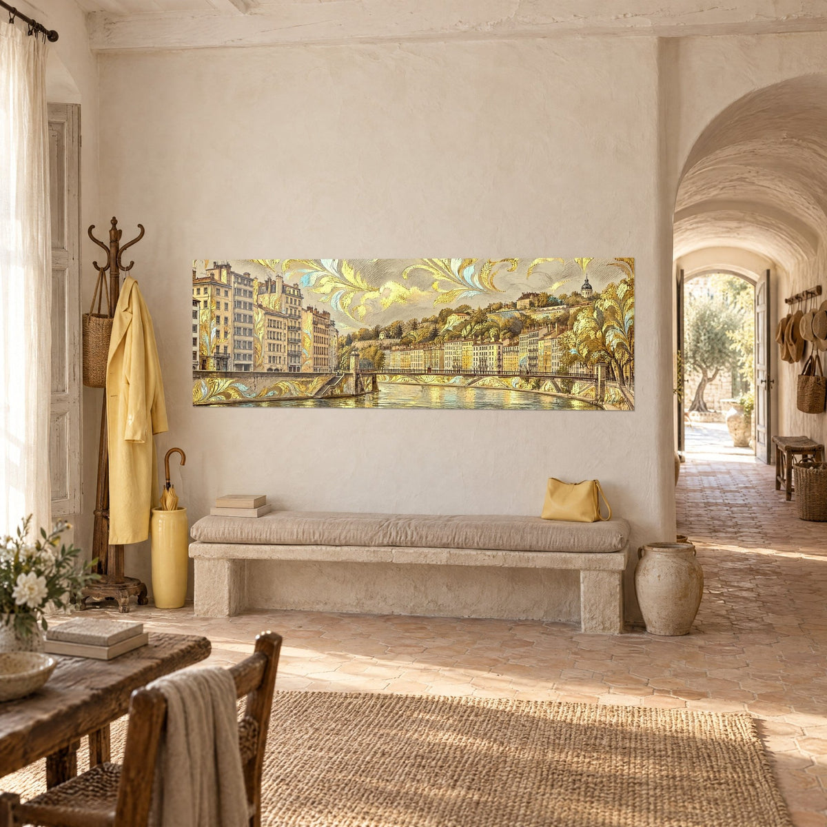 Quadro passerella sospesa sul fiume, arabeschi dorati e cielo beige, visto di tre quarti in un corridoio del mas