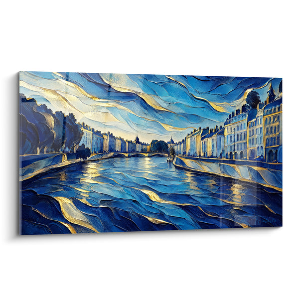 Tableau Fleuve bleu et doré aux reflets tourbillonnants - Rêverie sur les quais - Edition Lyon  Auvergne-Rhône-Alpes  France