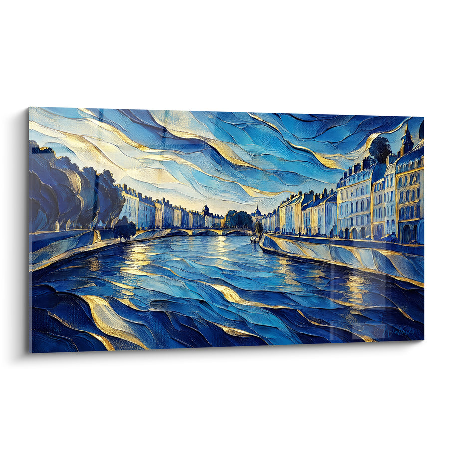 Painting Blue and Gold River with Swirling Reflections - Reverie on the Quays - Lyon Edition Auvergne-Rhône-Alpes France