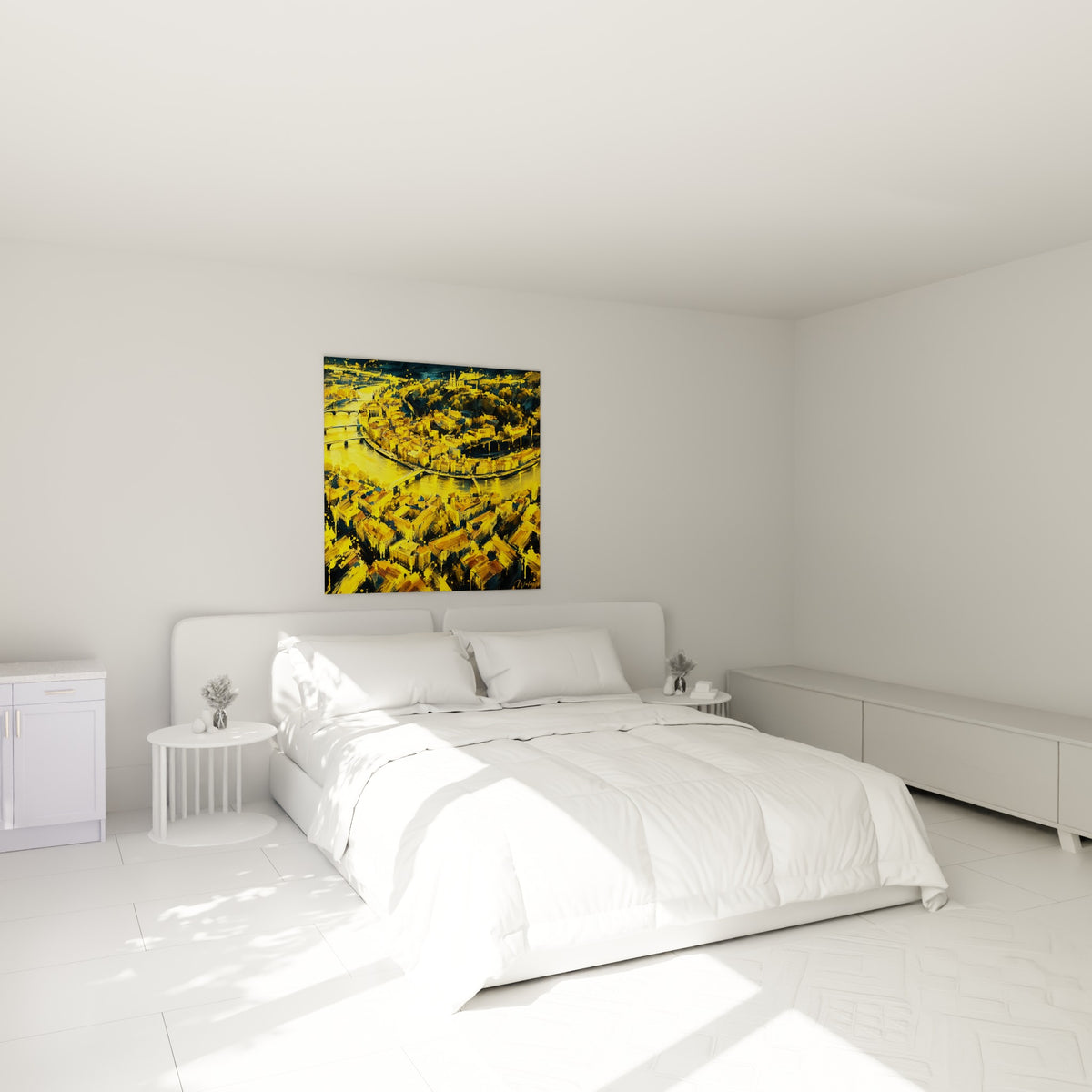 Panorama lyonnais doré et anthracite accroché au-dessus d'un lit dans une chambre claire