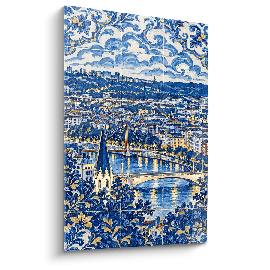 Tableau Pont suspendu bleu et or en faïence - Carreaux de céramique peints - Edition Lyon  Auvergne-Rhône-Alpes  France