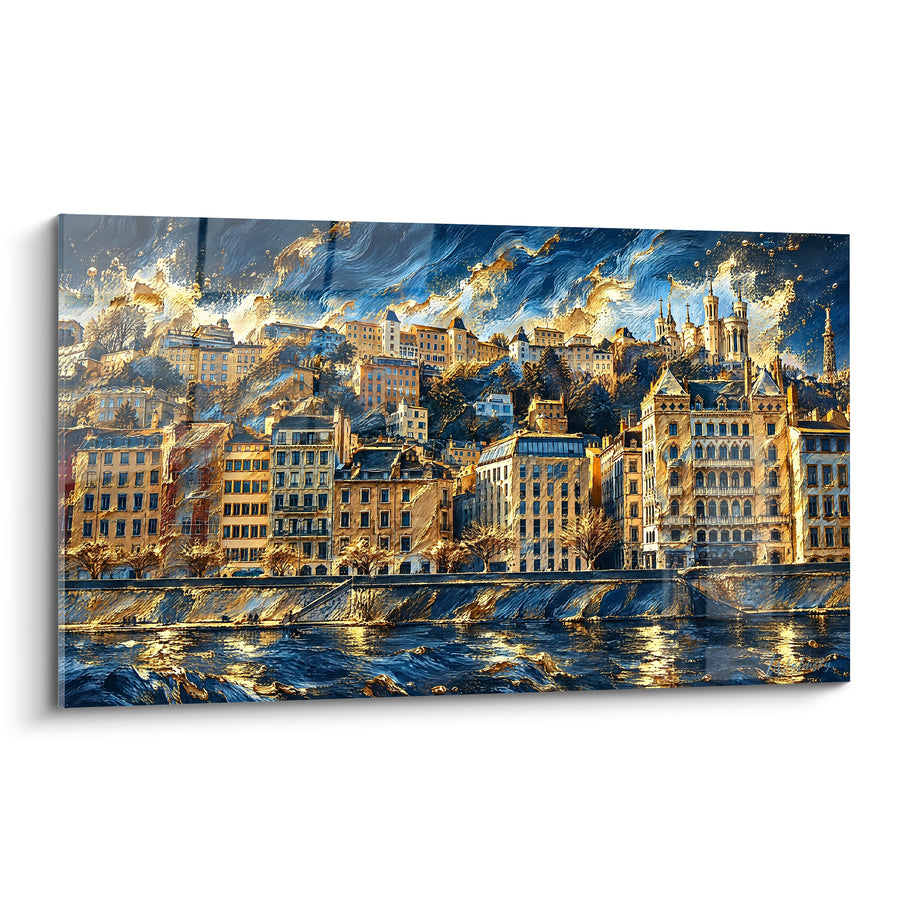 Painting of Fourvière Hill in Blue and Gold Tones - Twilight on the Bank - Edition Lyon Auvergne-Rhône-Alpes France