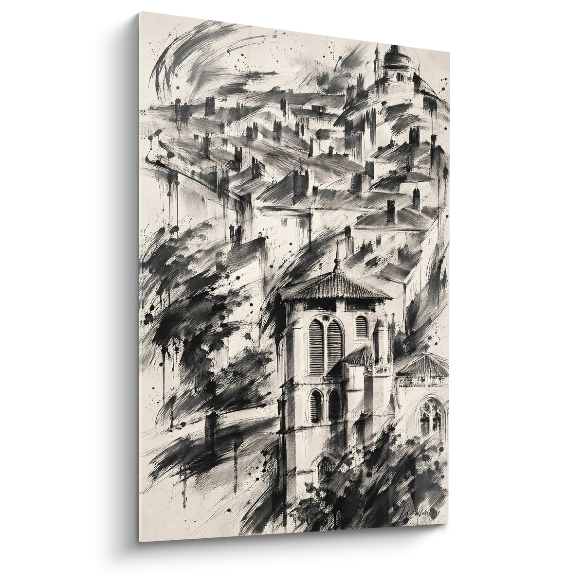 Wall art of Fourvière drawn in black ink and ivory, interlocking rooftops and a tower dominating the composition