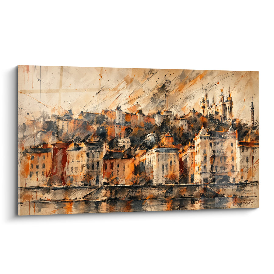 Painting of Fourvière Hill Ochre and Anthracite - Watch over the Saône - Edition Lyon Auvergne-Rhône-Alpes France