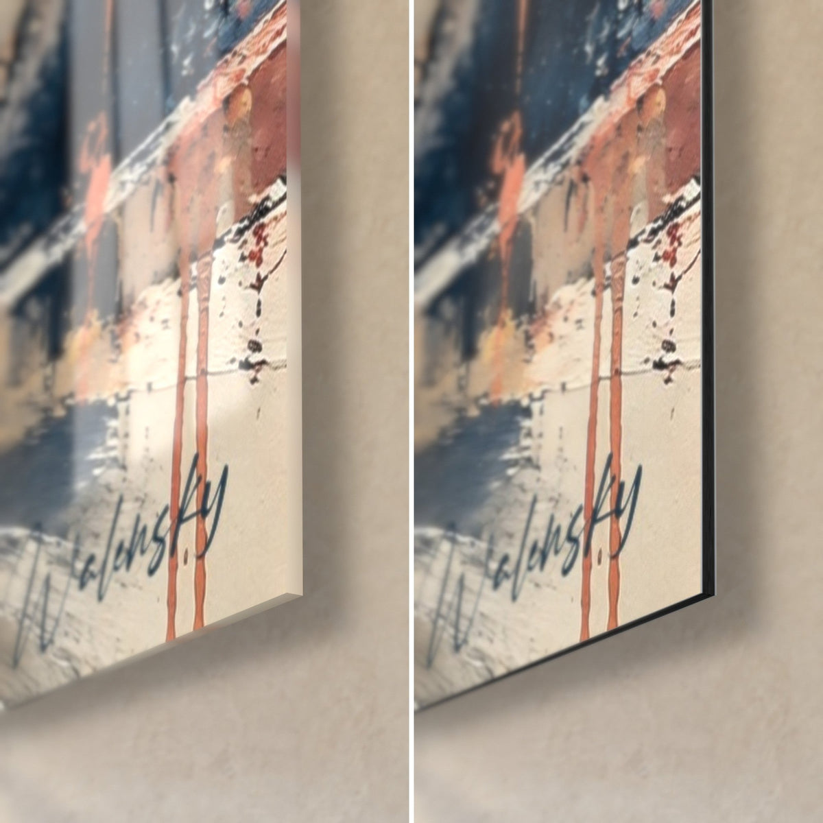 Schilderij Lyonse kerk in goud en koraal, rechteronderhoek met Walensky-handtekening, glanzend glas links, mat Dibond rechts