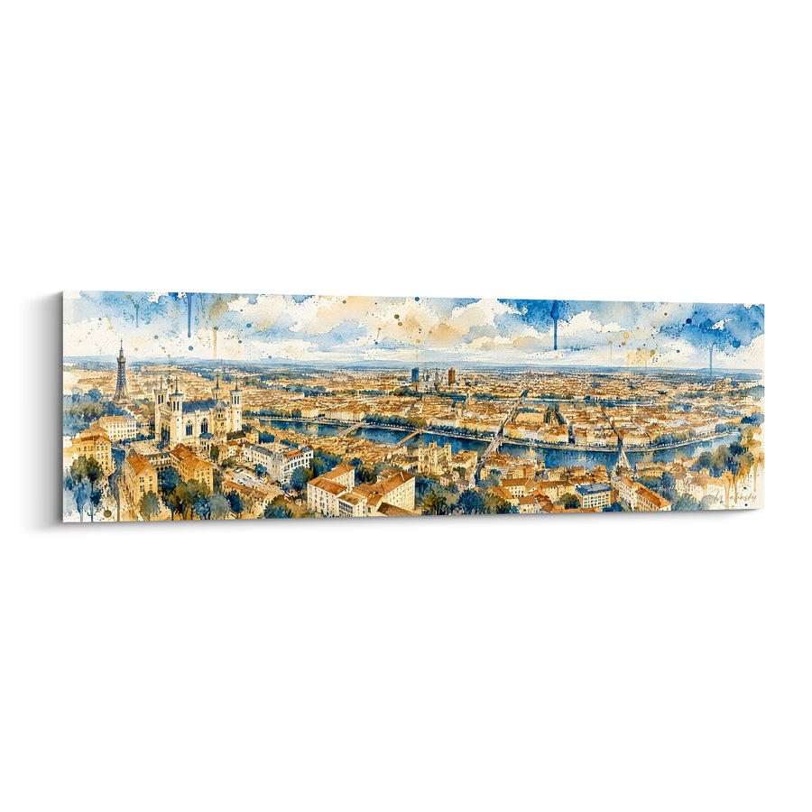 Tableau Panorama urbain doré aux toits ocre et ciel bleu - Matin sur la cité - Edition Lyon  Auvergne-Rhône-Alpes  France
