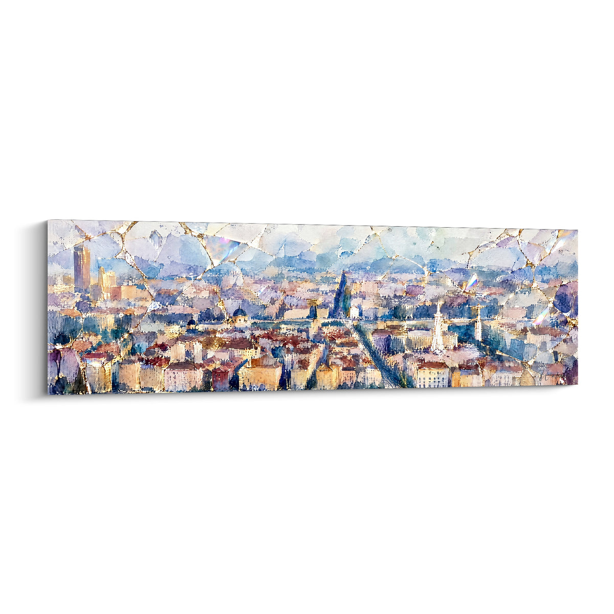 Gemälde Panorama von Lyon in Aquarell mit Ocker und Pastellblau, Dächer und Kirchtürme im goldenen Licht