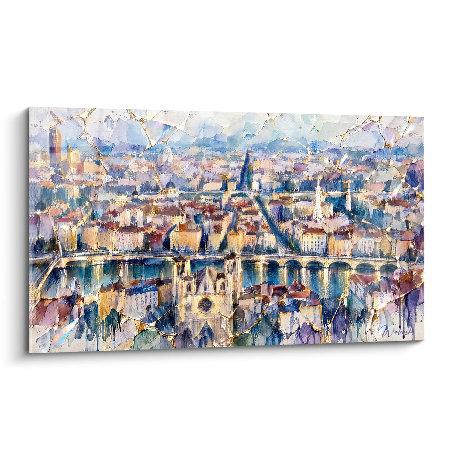 Gilded Panoramic View of Lyon with Blue Reflections - Light on the City - Edition Lyon Auvergne-Rhône-Alpes France