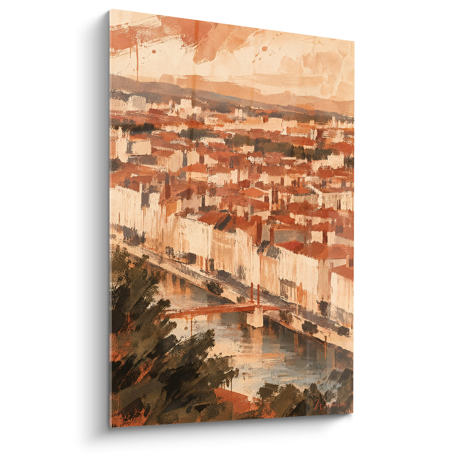 Tableau Panorama urbain terracotta et ocre sur fleuve - Vue depuis les hauteurs - Edition Lyon  Auvergne-Rhône-Alpes  France