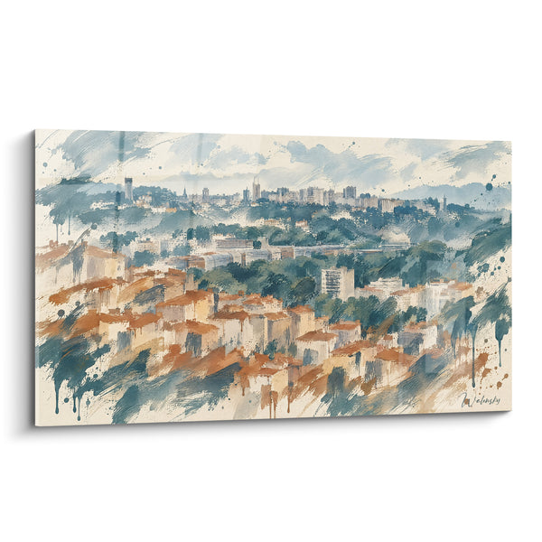 Panoramic Urban Painting with Terracotta and Blue Roofs - View of the Rooftops - Edition Lyon Auvergne-Rhône-Alpes France