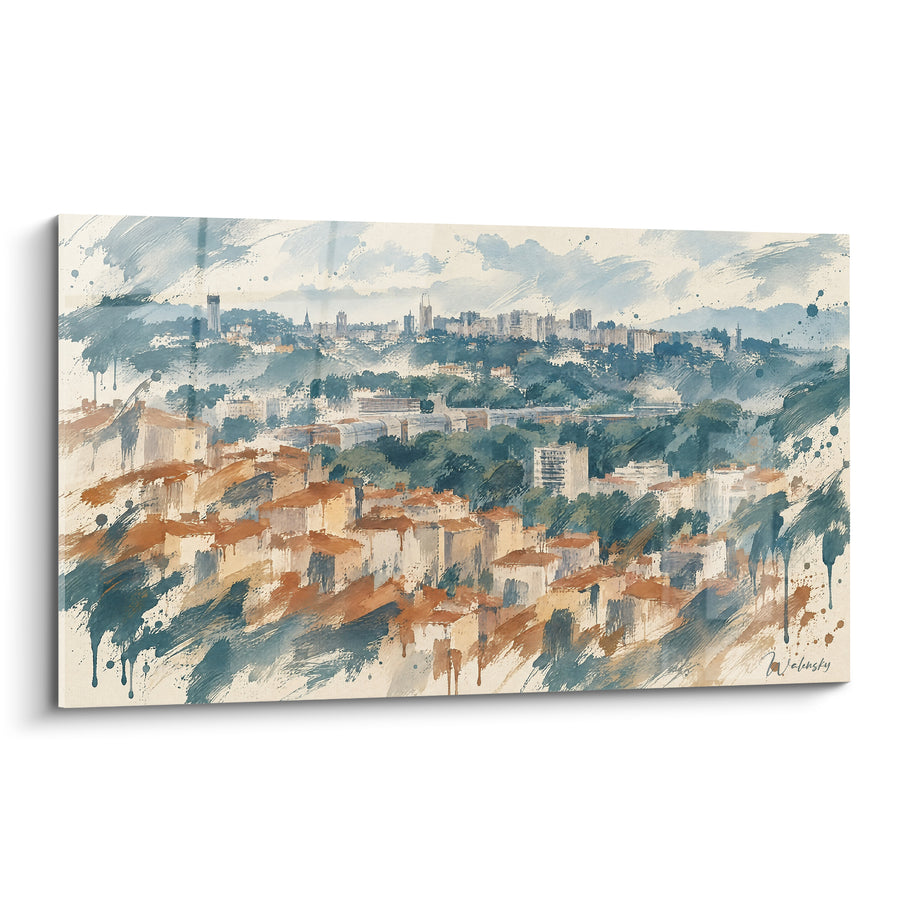 Panoramic Urban Painting with Terracotta and Blue Roofs - View of the Rooftops - Edition Lyon Auvergne-Rhône-Alpes France
