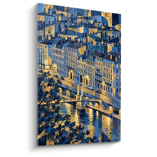 Tableau Pont lyonnais bleu et doré sur la Saône - Lumières du soir - Edition Lyon  Auvergne-Rhône-Alpes  France