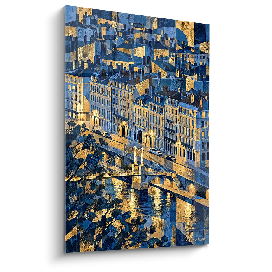 Tableau Pont lyonnais bleu et doré sur la Saône - Lumières du soir - Edition Lyon  Auvergne-Rhône-Alpes  France