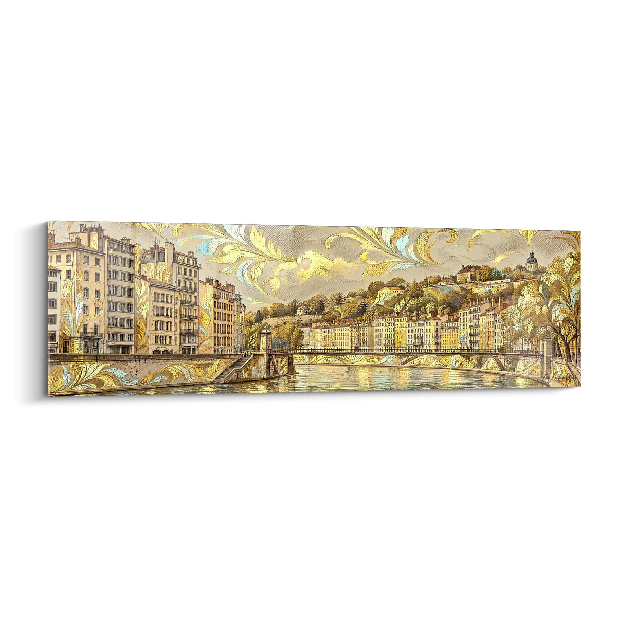 Quadro panorama dorato dei lungofiume di Lione con ponte sospeso, facciate ocra e volute ornamentali turchesi