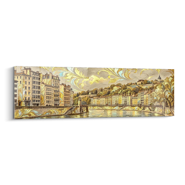 Tableau Pont suspendu doré et ivoire sur arabesques végétales - Volutes dorées entrelacées - Edition Lyon  Auvergne-Rhône-Alpes  France