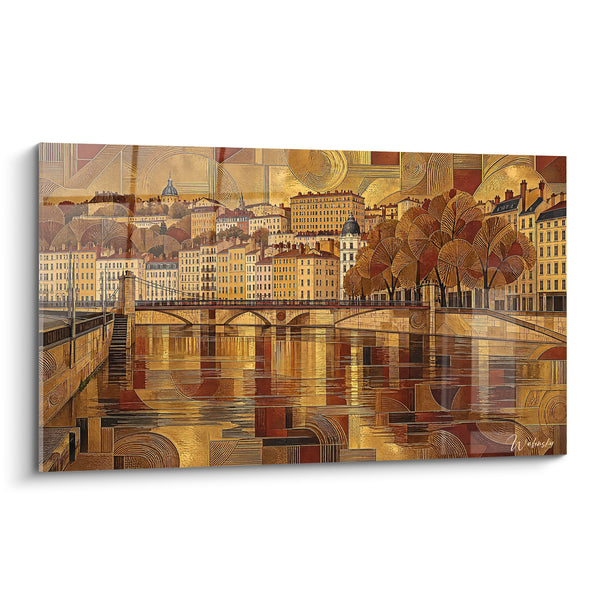 Schilderij Gouden brug over okerkleurige kade - Herfstweerspiegelingen - Editie Lyon Auvergne-Rhône-Alpes Frankrijk