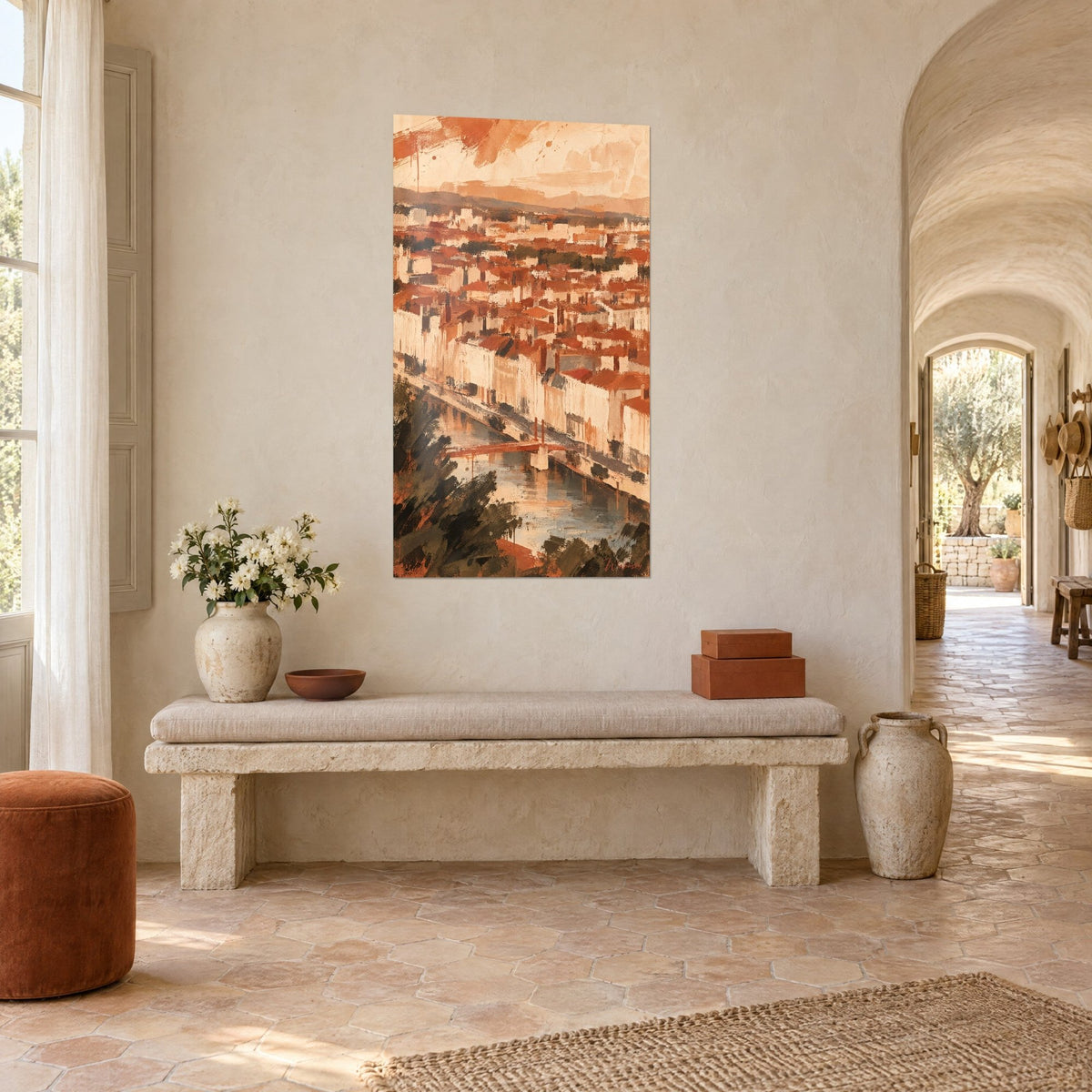 Wall art old town with orange-tiled roofs and cream walls, rust-coloured footbridge over the water, three-quarter view in a Provençal farmhouse