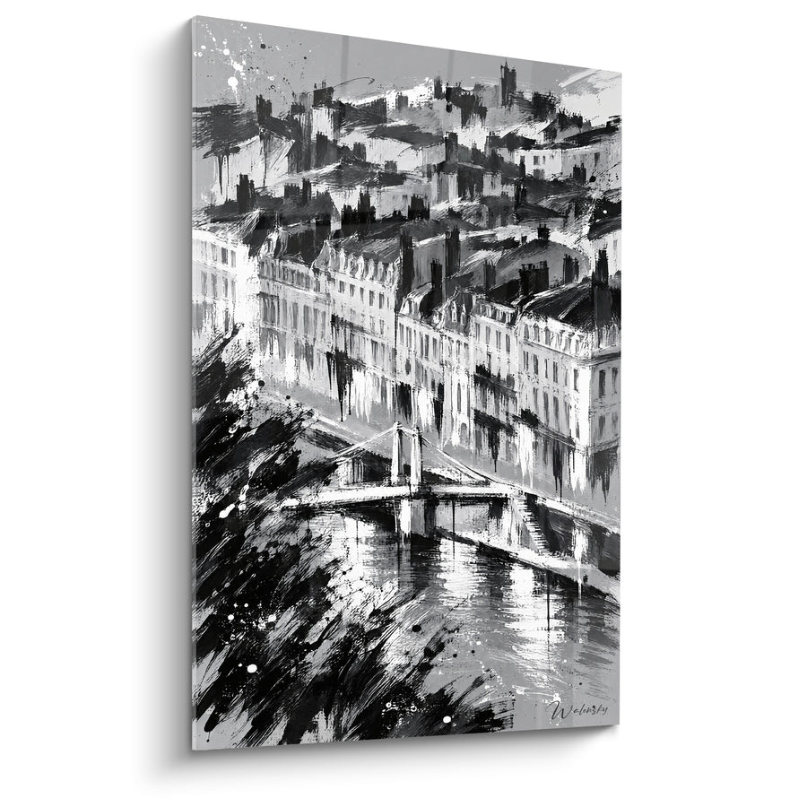 Tableau Vue de Lyon pont noir et blanc - Panorama urbain intemporel - Edition Lyon  Auvergne-Rhône-Alpes  France