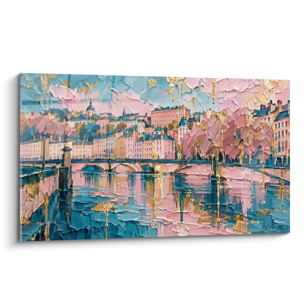 Cuadro puente de Lyon en tonos rosa pastel y azul antracita, toques dorados en empaste grueso