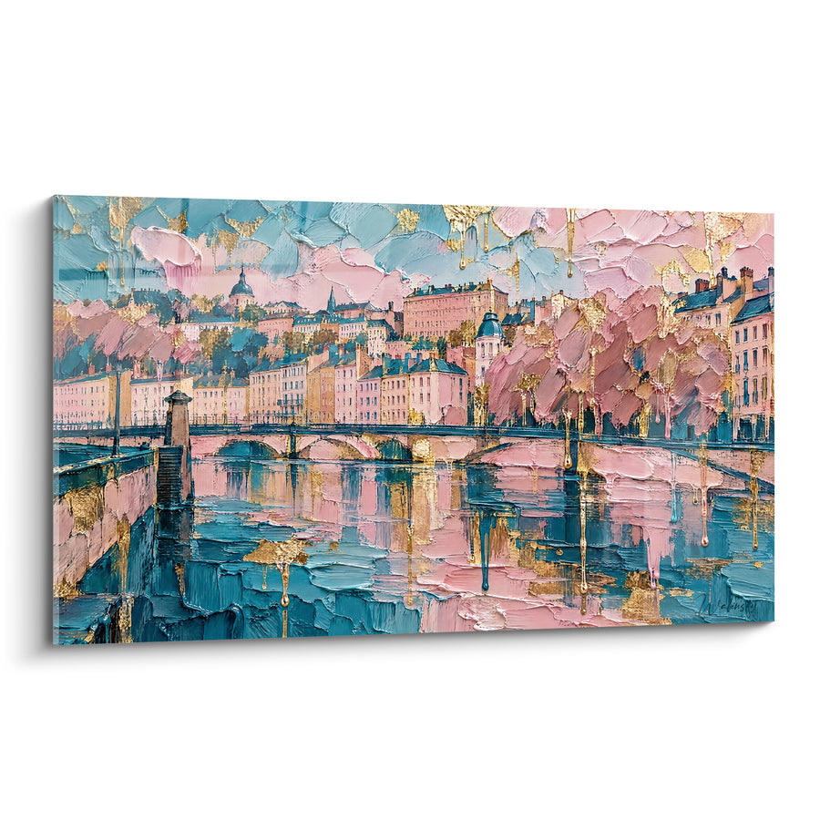 Painting of the Lyons Bridge in Pink and Gold - Reverie on the Water - Edition Lyon Auvergne-Rhône-Alpes France