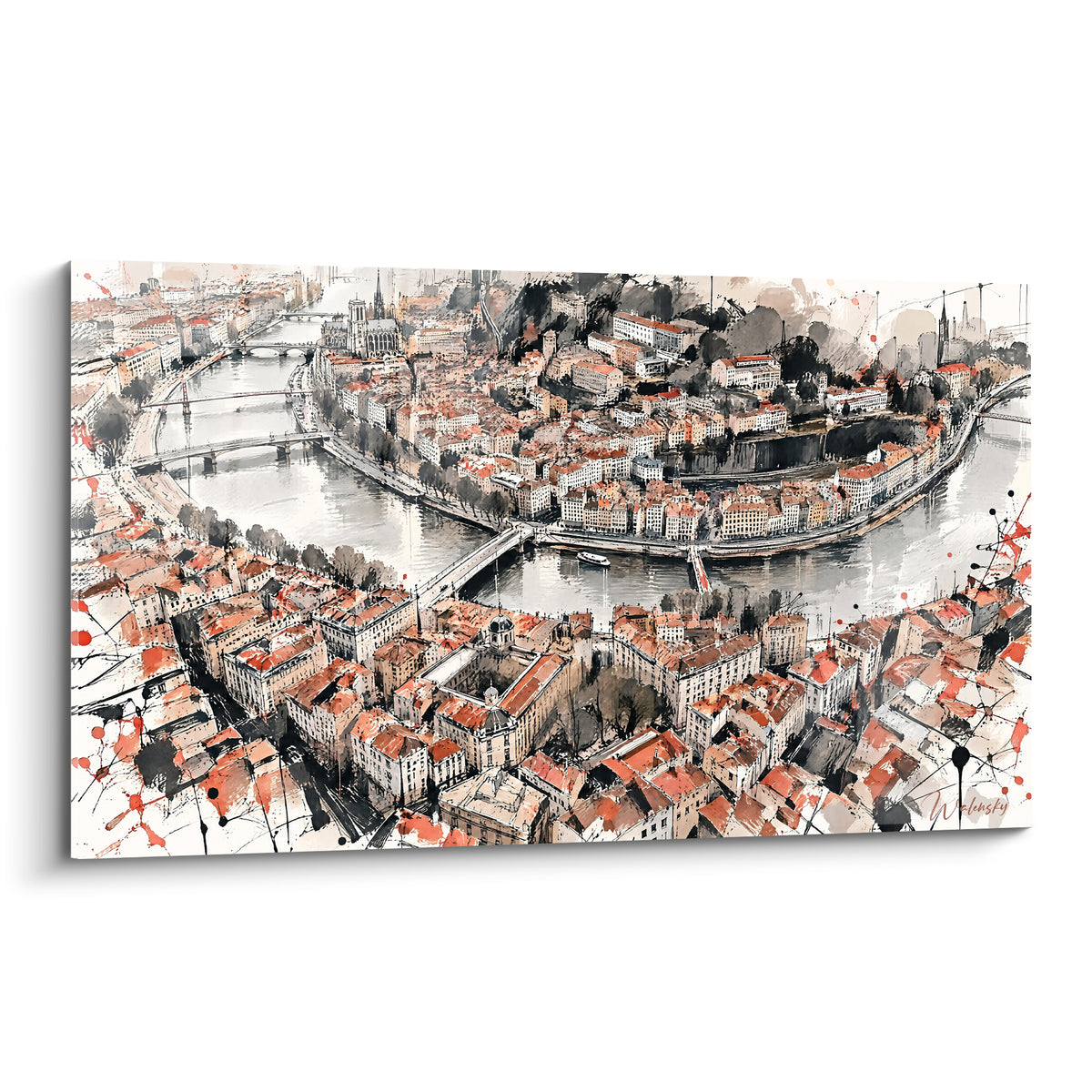 Wall art Lyon peninsula in terracotta and grey crossed by a silver river, watercolour sketch style