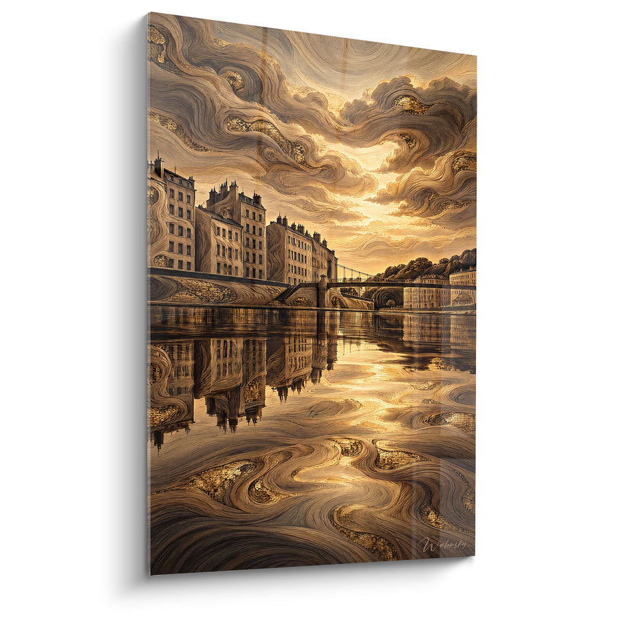 Tableau Quai lyonnais doré aux nuages tourbillonnants - Souffle du crépuscule - Edition Lyon  Auvergne-Rhône-Alpes  France
