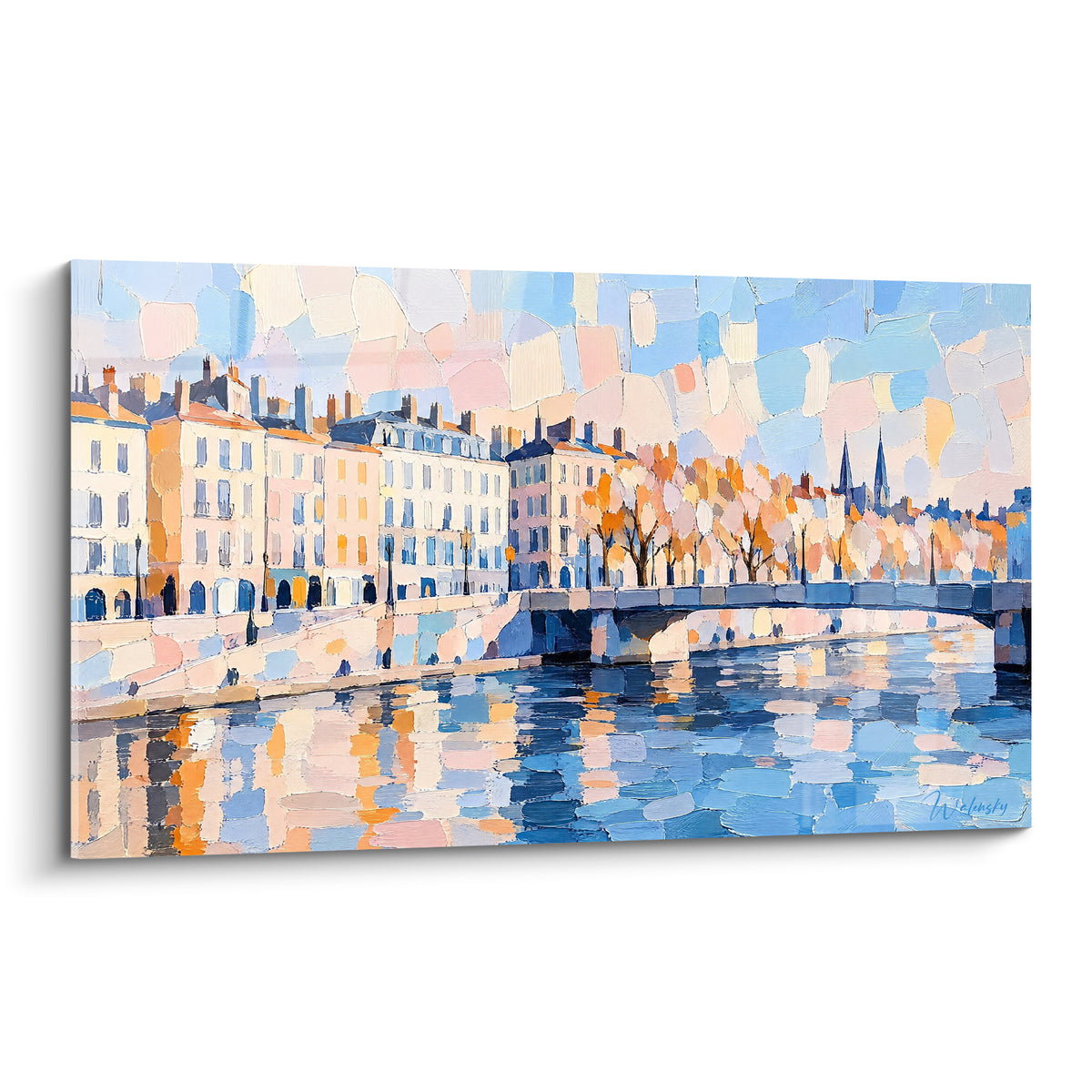 Façades ocre et pont bleu marine le long d'un quai, reflets d'eau en touches impressionnistes vibrantes