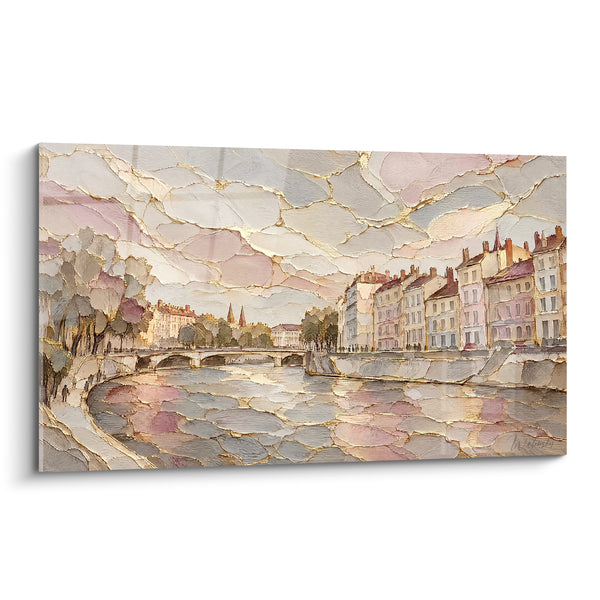 Tableau Quai lyonnais aux reflets roses et dorés - Brume dorée du matin - Edition Lyon  Auvergne-Rhône-Alpes  France