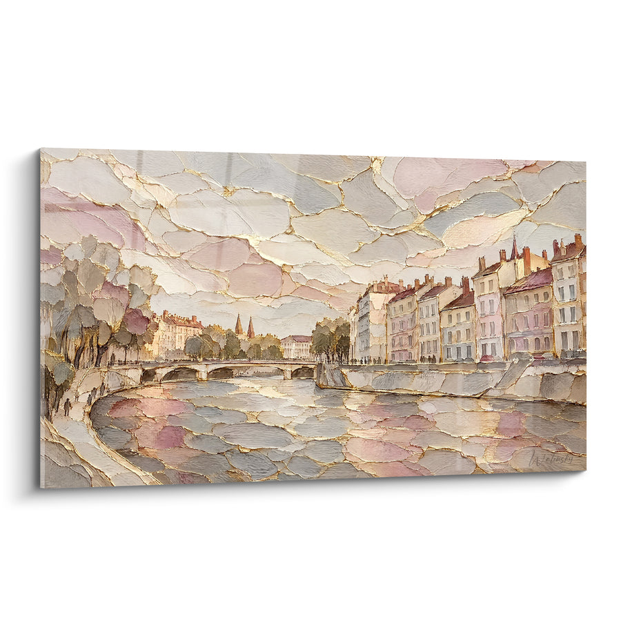 Painting Lyon Wharf with Pink and Gold Reflections - Golden Morning Mist - Edition Lyon Auvergne-Rhône-Alpes France