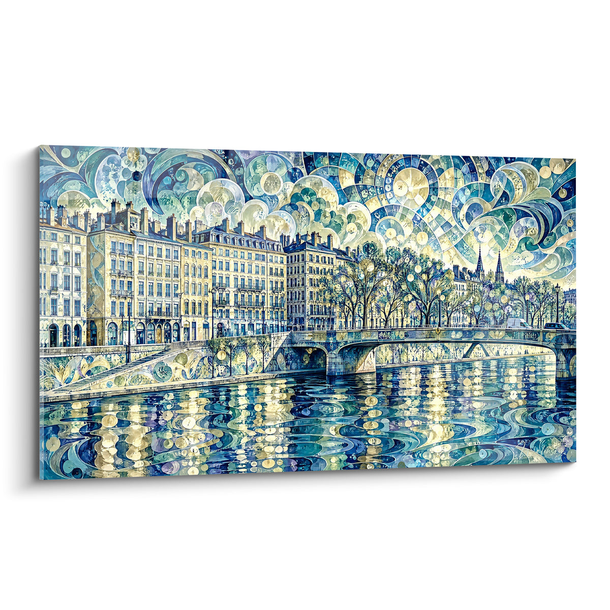 Cuadro de un puente y muelle de Lyon en azul marino y dorado, motivos arremolinados pintados sobre lienzo