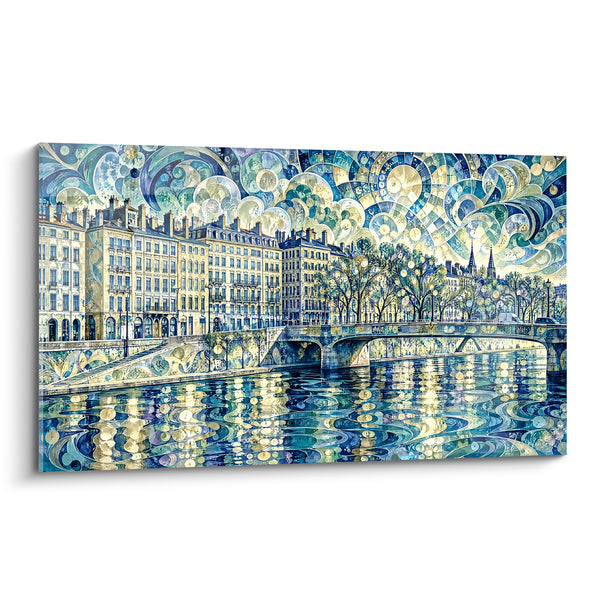 Tableau Quai lyonnais aux reflets bleu et doré - Rêverie fluviale - Edition Lyon  Auvergne-Rhône-Alpes  France