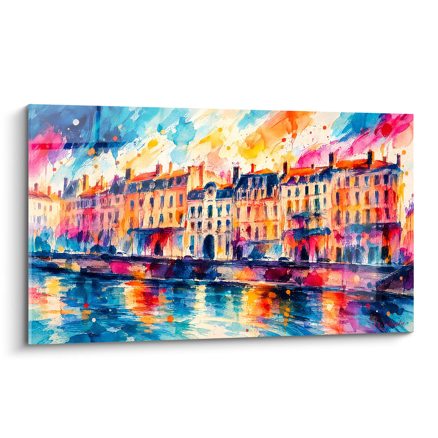 Painting of Lyon Wharf in Blue and Orange Tones - Evening Blaze - Edition Lyon Auvergne-Rhône-Alpes France