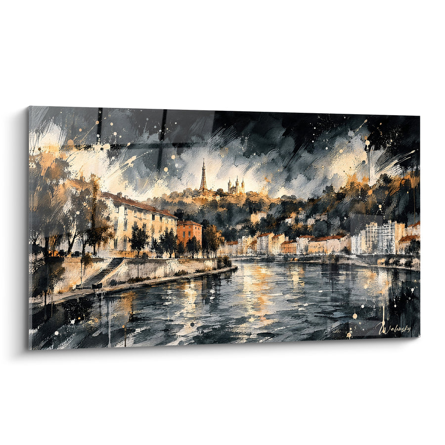 Painting Quay of the Saone Anthracite and Gold - Storm on the River - Edition Lyon Auvergne-Rhône-Alpes France