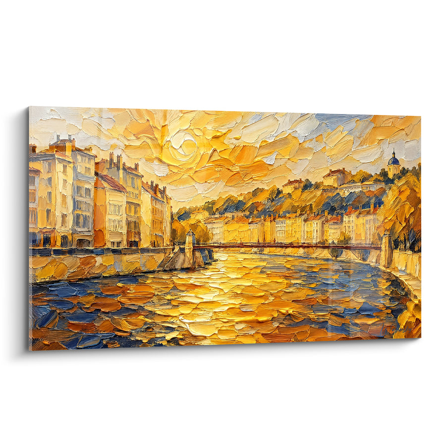 Painting Golden Saône Quays and Midnight Blue - Fiery Evening - Edition Lyon Auvergne-Rhône-Alpes France
