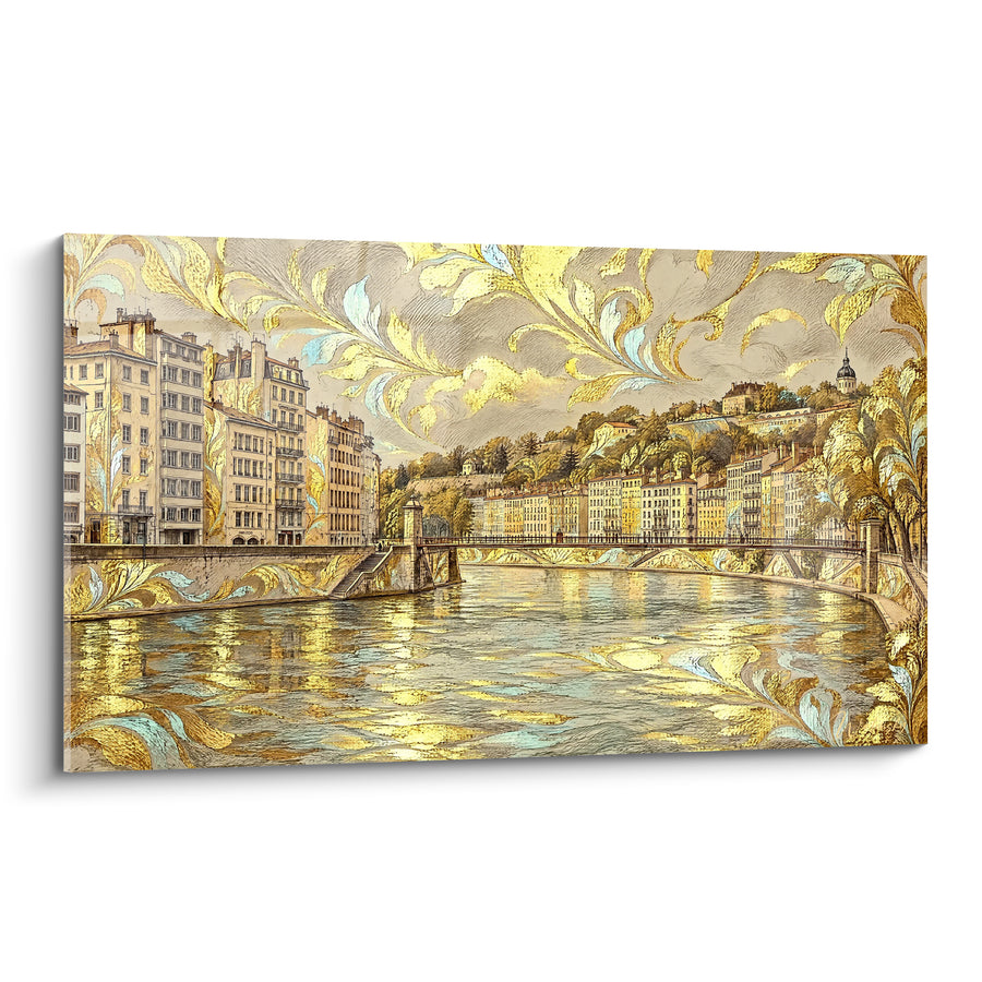 Painting Golden Quayside and Bridge over the Saône - Gilded River Reverie - Lyon Edition Auvergne-Rhône-Alpes France