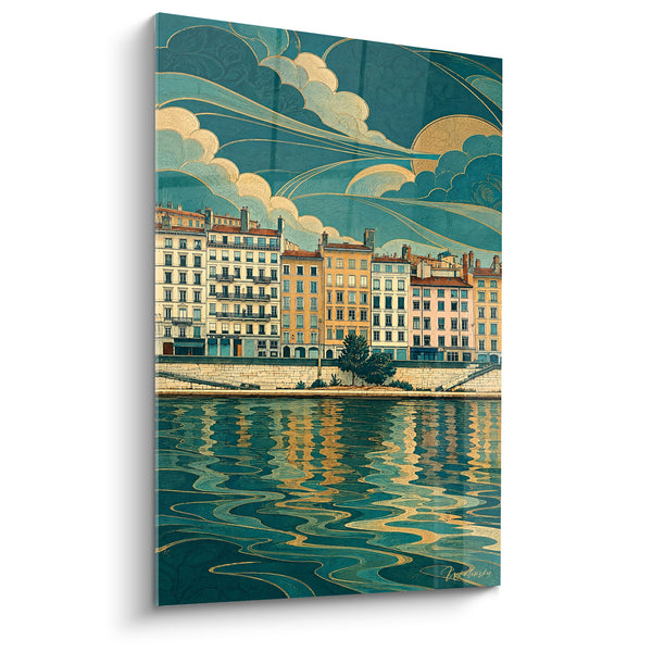 Tableau Quai lyonnais aux tons sarcelle et or - Reflets du fleuve - Edition Lyon  Auvergne-Rhône-Alpes  France