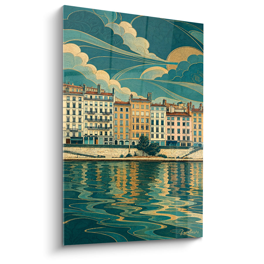 Tableau Quai lyonnais aux tons sarcelle et or - Reflets du fleuve - Edition Lyon  Auvergne-Rhône-Alpes  France